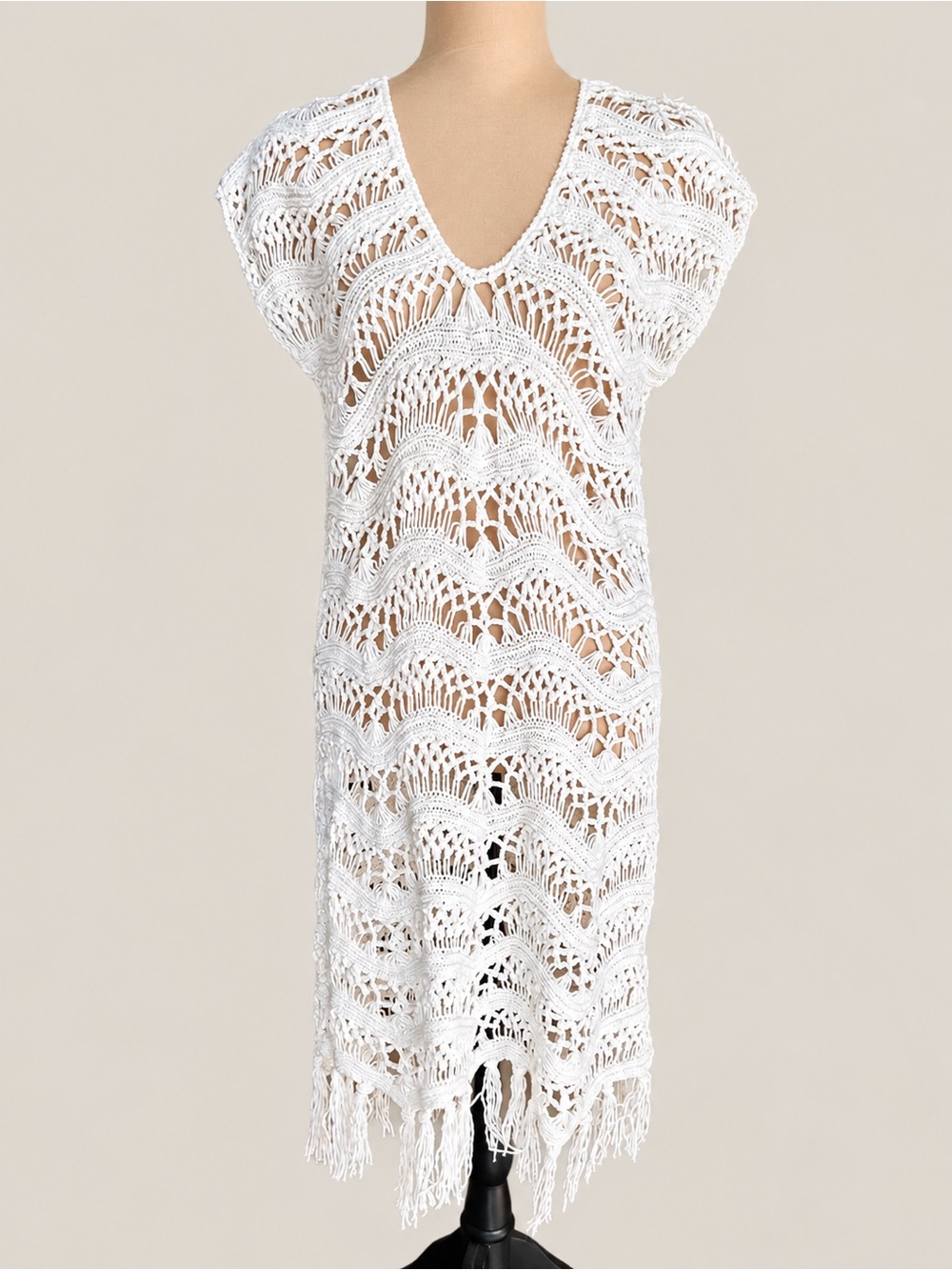 Shoshanna Swimwear White Crochet Fringe Maxi Cover Up Dress M